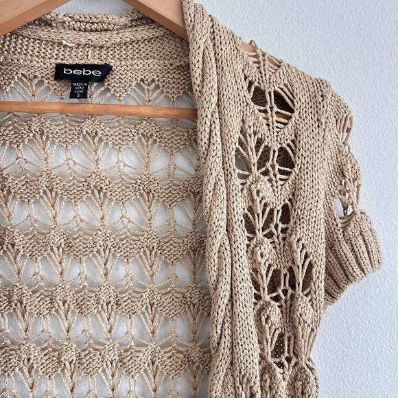 VTG Y2K Bebe Open Knit Cardigan Tan Size S Crochet Fairy Cottage Festival Boho - Picture 6 of 16